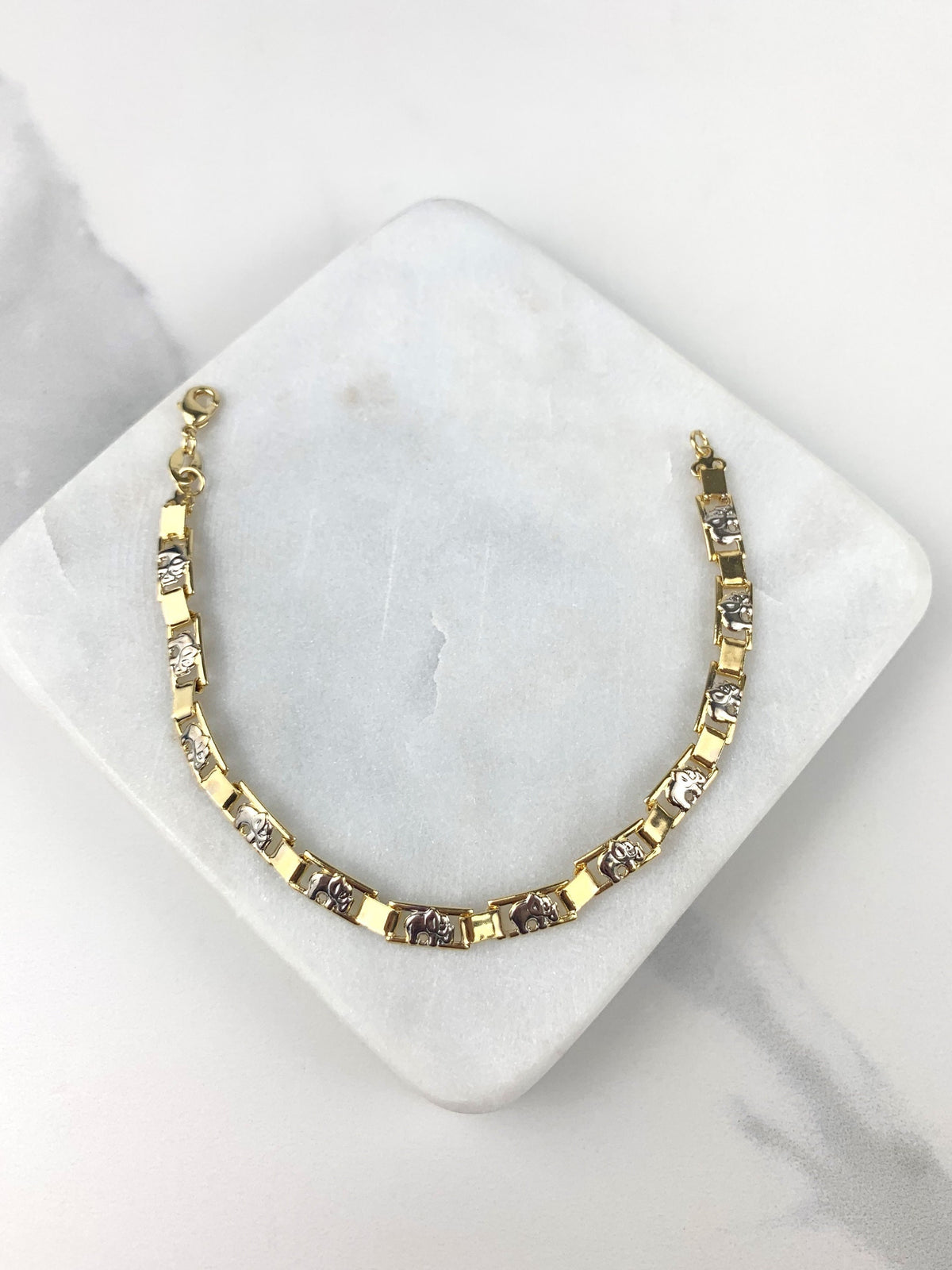18k Gold Filled Tow Tone Linked Elephants Bracelet, Lucky & Protection, Wholesale Jewelry Making Supplies