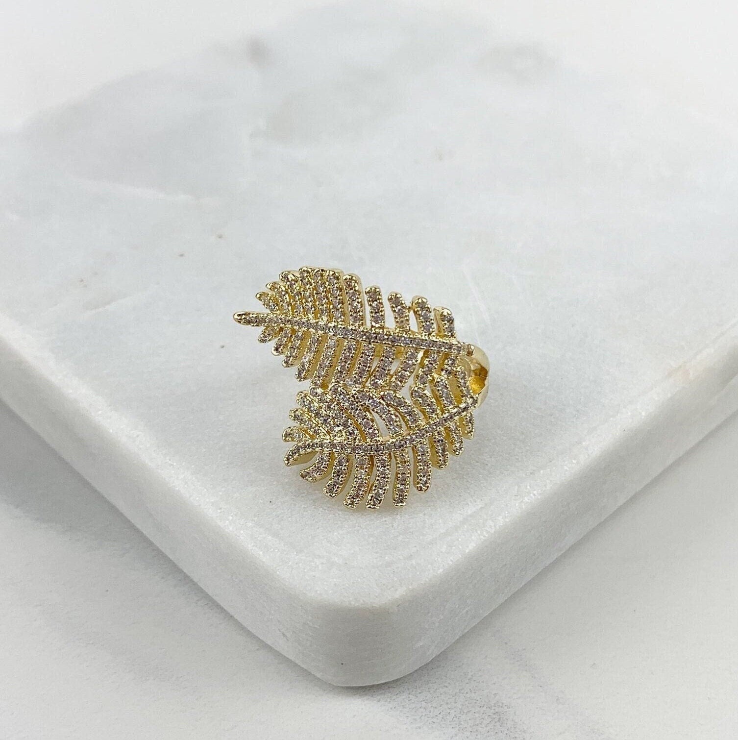 18k Gold Filled Large Double Leaf Ring Featuring Micro Cubic Zirconia Wholesale Jewelry Supplies