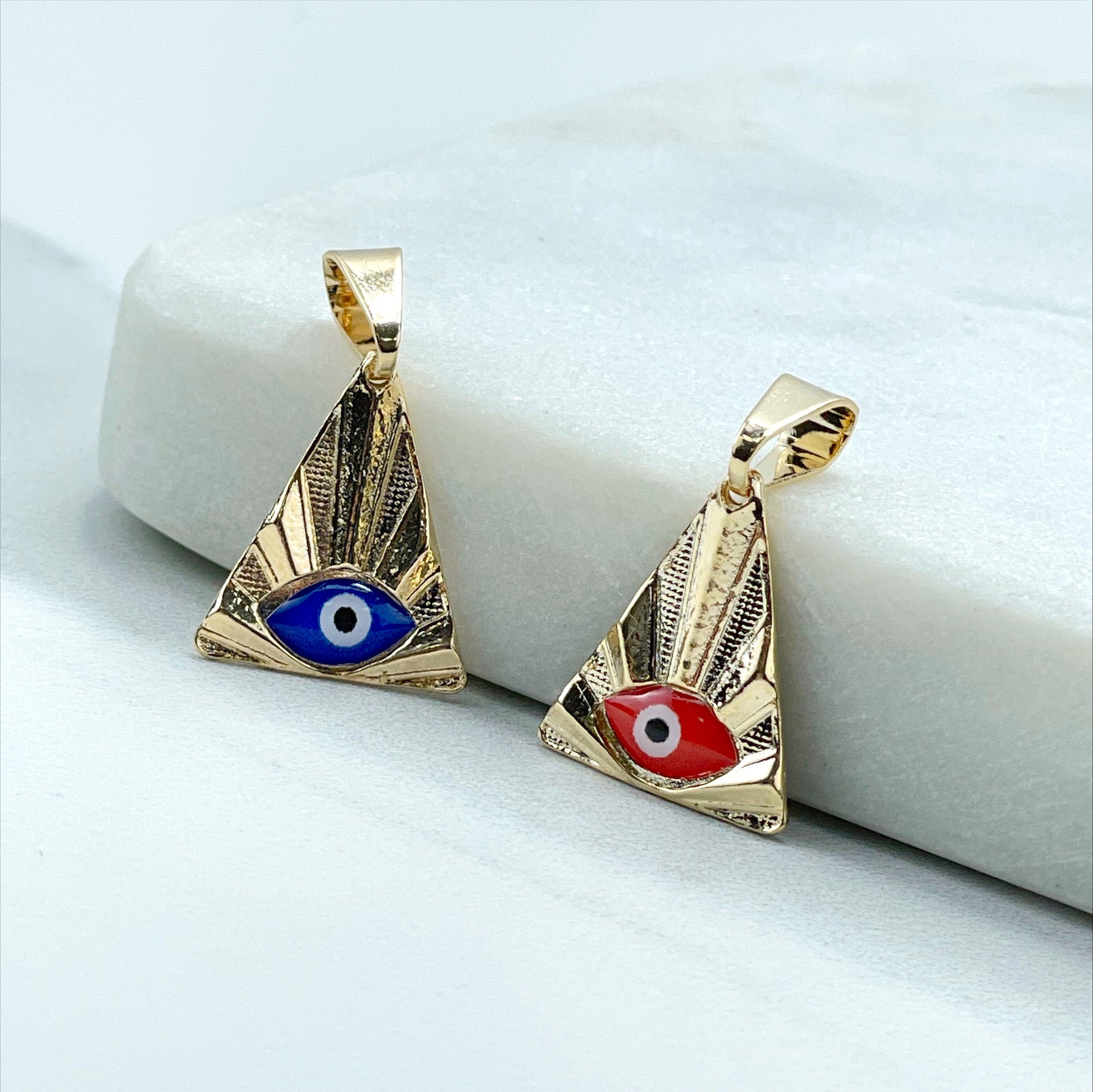 18k Gold Filled Pyramid Triangle Shape with Enamel Red or Blue Evil Eye Charms Pendant, Wholesale Jewelry Making Supplies