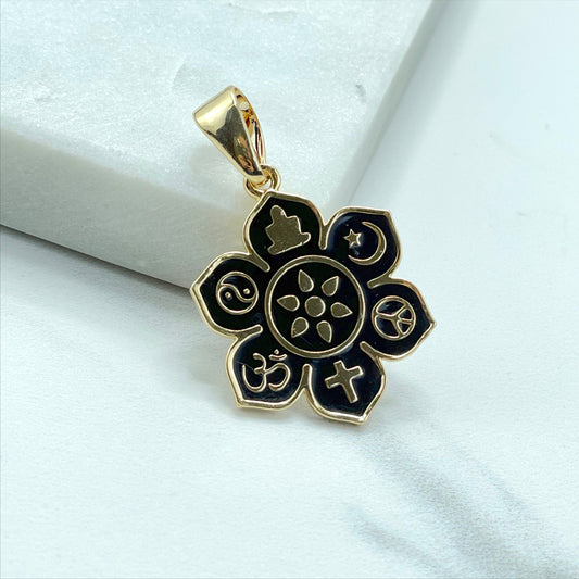 18k Gold Filled Black Enamel Flower, Buddha Lotus, Peace Sign, Namaste, Yin Yang, Moon Star, Charm Pendant Wholesale Jewelry Making Supplies