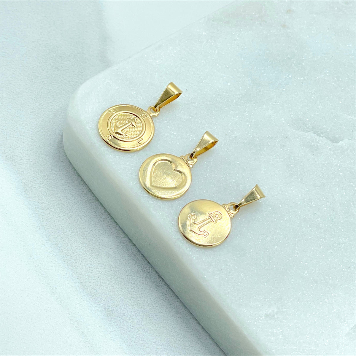 18k Gold Filled Circle Anchor, Heart or Compass with Anchor Stamped Medal Medallion Charms Pendants, Wholesale Jewelry Making Supplies