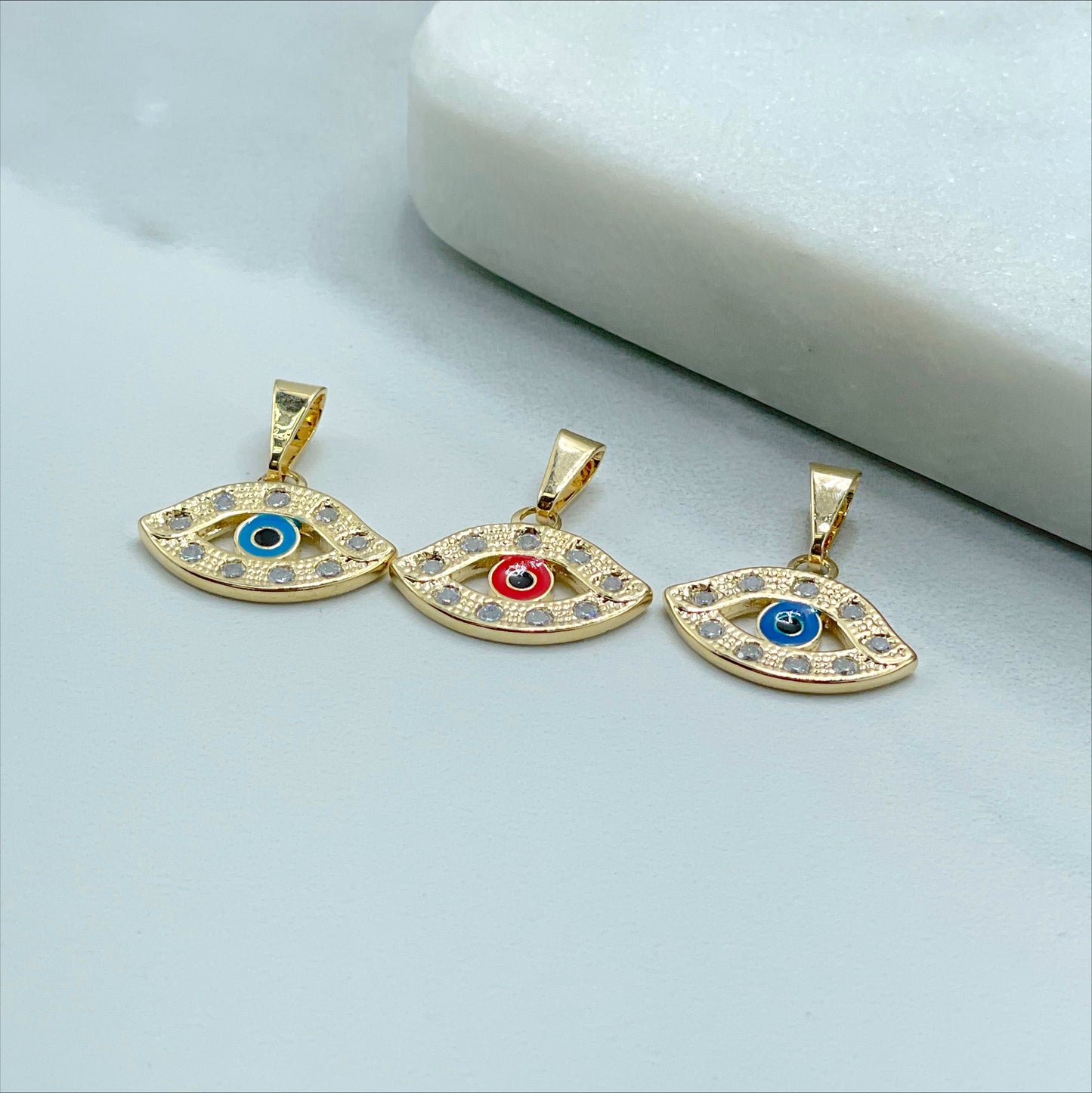 18k Gold Filled Shape Eye with Clear Cubic Zirconia Red, Dark Blue or Blue Evil Eye Charms Pendant, Wholesale Jewelry Making Supplies