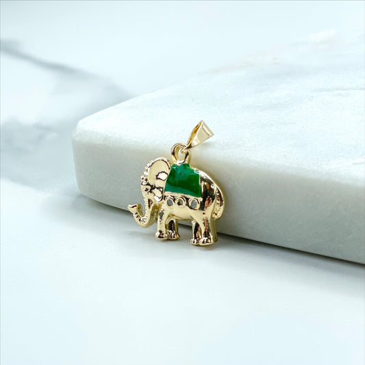 18k Gold Filled Cubic Zirconia Details, Green Enamel Texturized Indian Elephant Shape Pendant Charms, Wholesale Jewelry Making Supplies