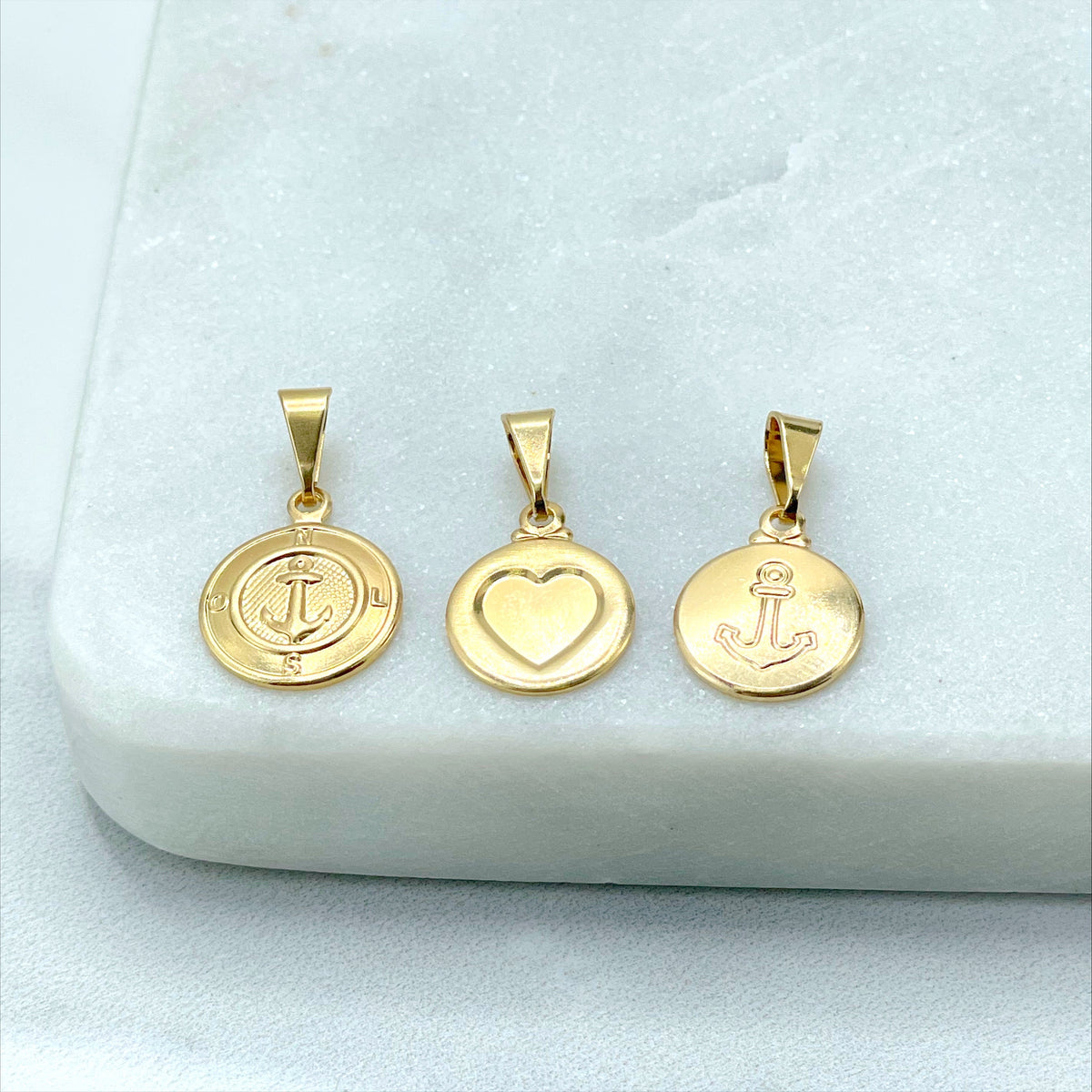 18k Gold Filled Circle Anchor, Heart or Compass with Anchor Stamped Medal Medallion Charms Pendants, Wholesale Jewelry Making Supplies