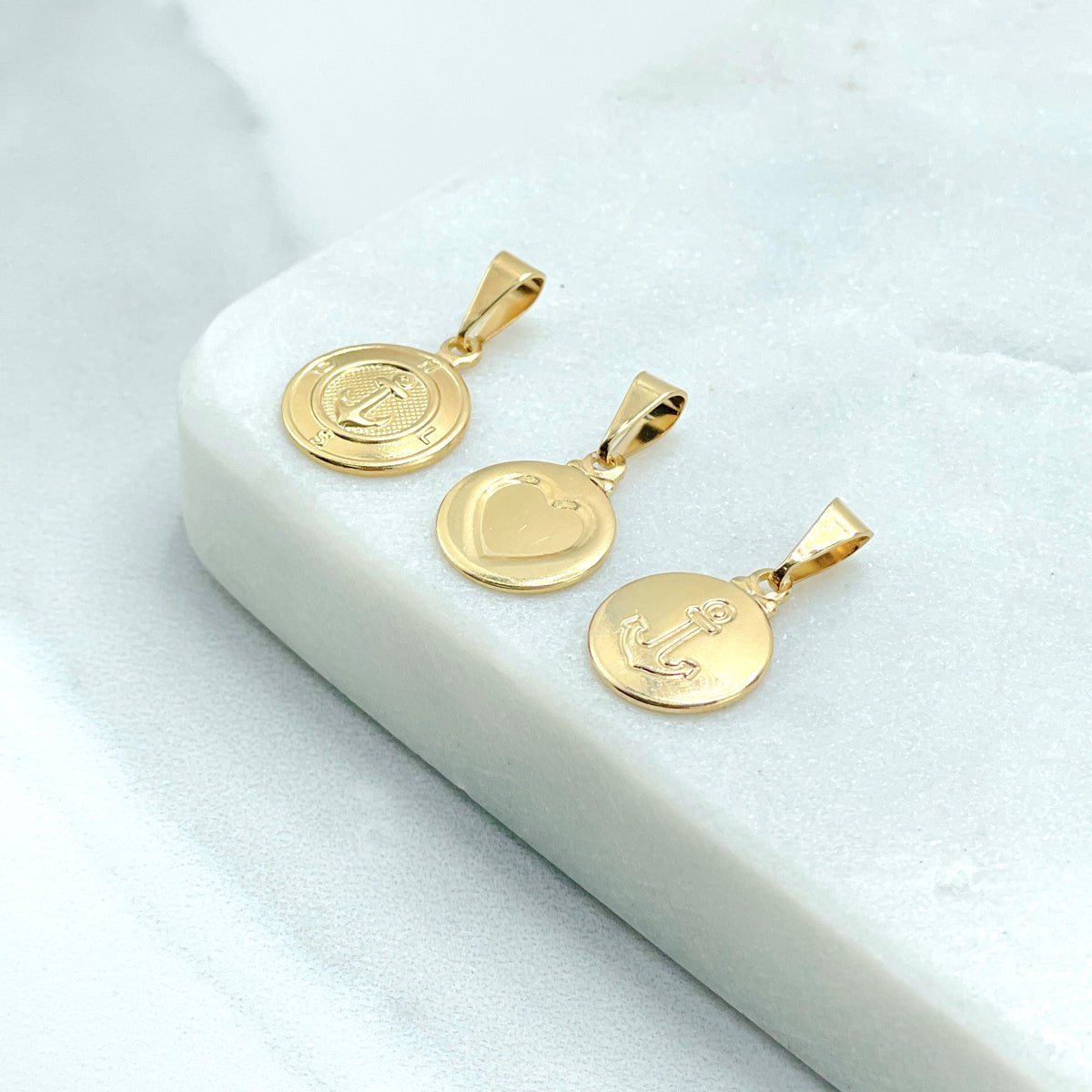 18k Gold Filled Circle Anchor, Heart or Compass with Anchor Stamped Medal Medallion Charms Pendants, Wholesale Jewelry Making Supplies