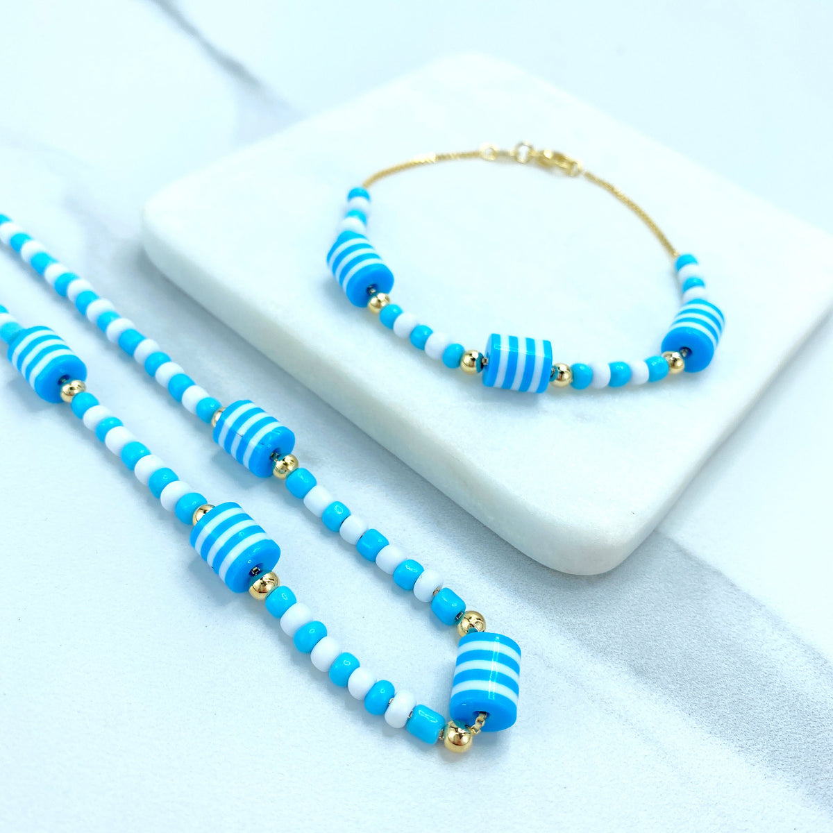 18k Gold Filled 1mm Box Chain Beaded Blue, White & Gold Necklace or Bracelet Set Wholesale Jewelry Making Supplies