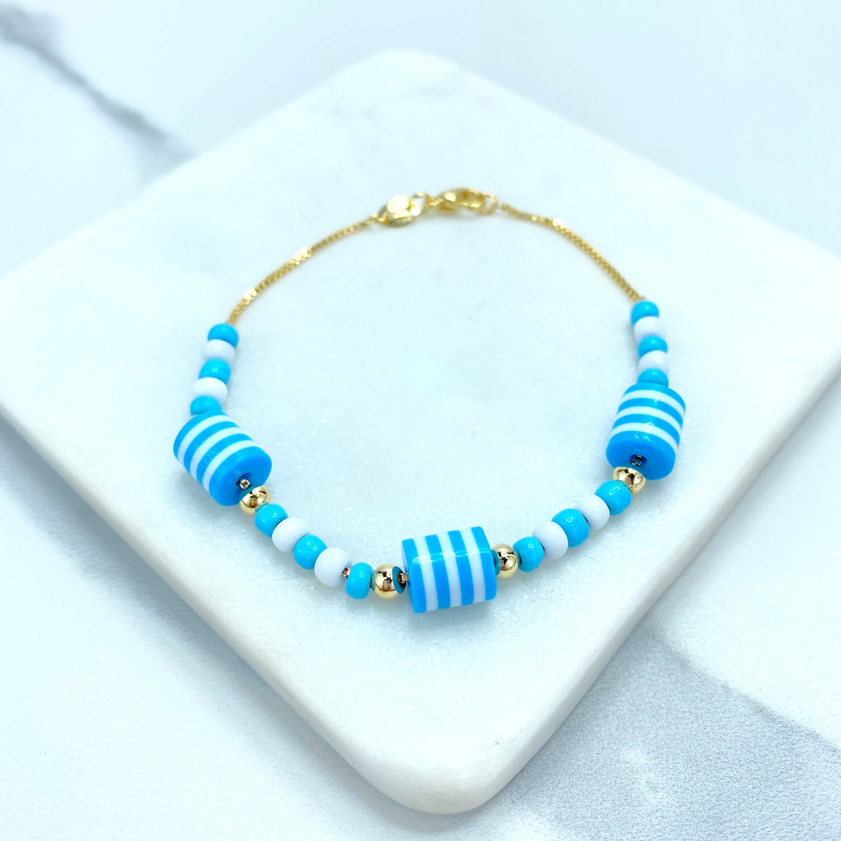 18k Gold Filled 1mm Box Chain Beaded Blue, White & Gold Necklace or Bracelet Set Wholesale Jewelry Making Supplies