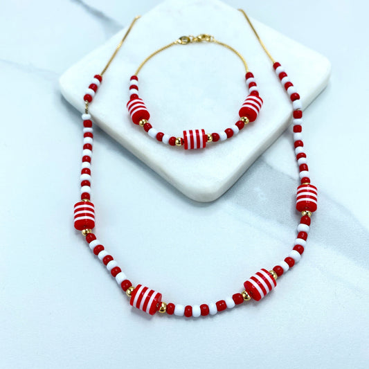 18k Gold Filled 1mm Box Chain Beaded Red, White & Gold Necklace or Bracelet Set Wholesale Jewelry Making Supplies