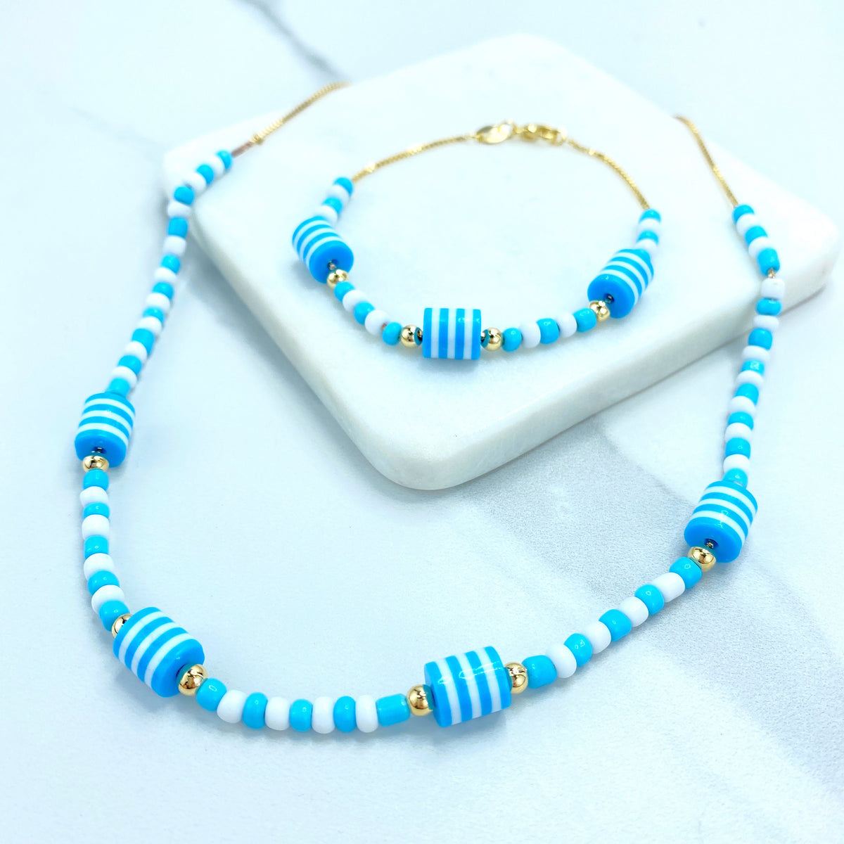 18k Gold Filled 1mm Box Chain Beaded Blue, White & Gold Necklace or Bracelet Set Wholesale Jewelry Making Supplies