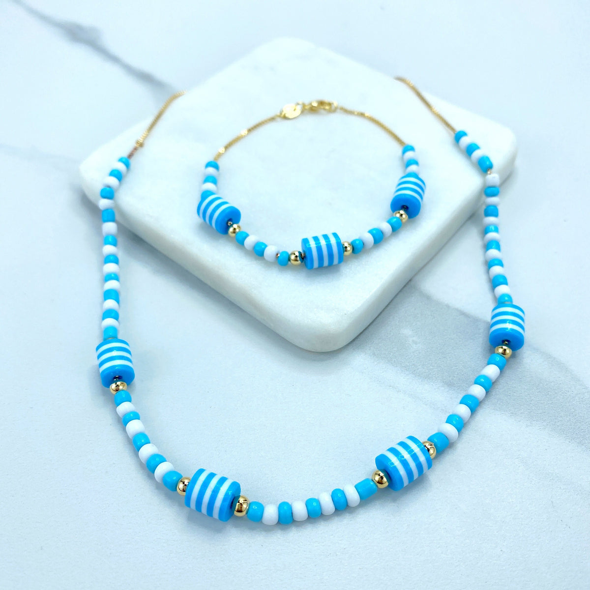 18k Gold Filled 1mm Box Chain Beaded Blue, White & Gold Necklace or Bracelet Set Wholesale Jewelry Making Supplies