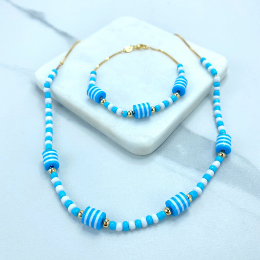 18k Gold Filled 1mm Box Chain Beaded Blue, White & Gold Necklace or Bracelet Set Wholesale Jewelry Making Supplies
