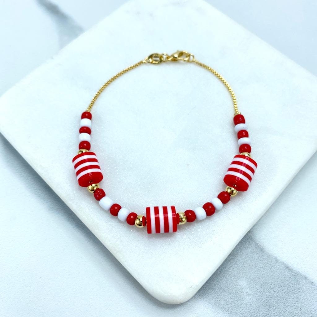 18k Gold Filled 1mm Box Chain Beaded Red, White & Gold Necklace or Bracelet Set Wholesale Jewelry Making Supplies