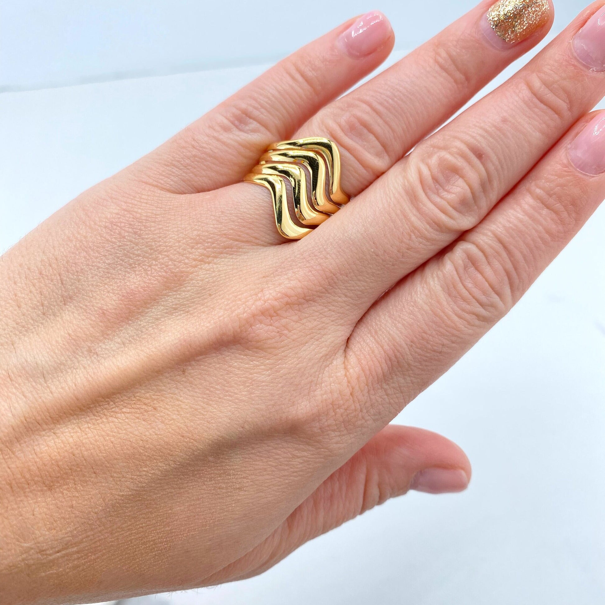 18k  Gold Filled Four Waves Simulated Layers Layered Stack Ring Wholesale Jewelry Making Supplies