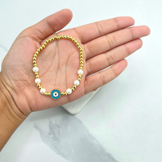 18k Gold Filled Simulated Pearl and Gold Beads Bracelet with Enamel Colored Round Shape Evil Eye Charm Wholesale Jewelry Making Supplies