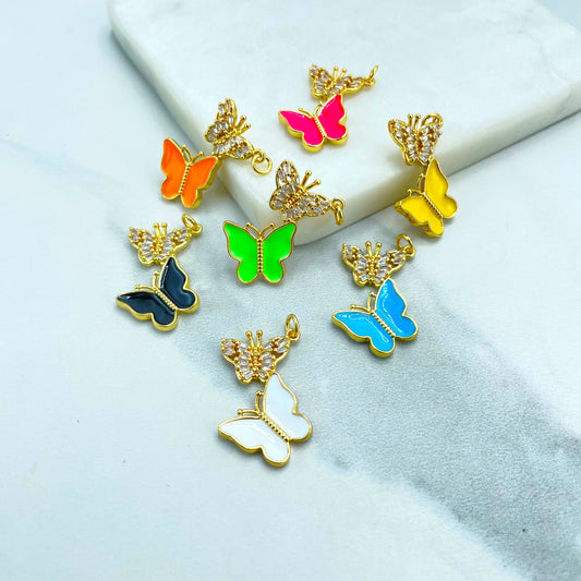 18k Gold Filled Micro Cubic Zirconia Pettie Butterfly & Colored Butterfly Charms Pendant, Wholesale Jewelry Making Supplies