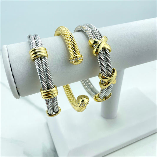 18k Gold Filled and Silver Filled Cable Cuff Bracelets, All Gold, Triple Cross or Triple Cord, Wholesale Jewelry Making Supplies