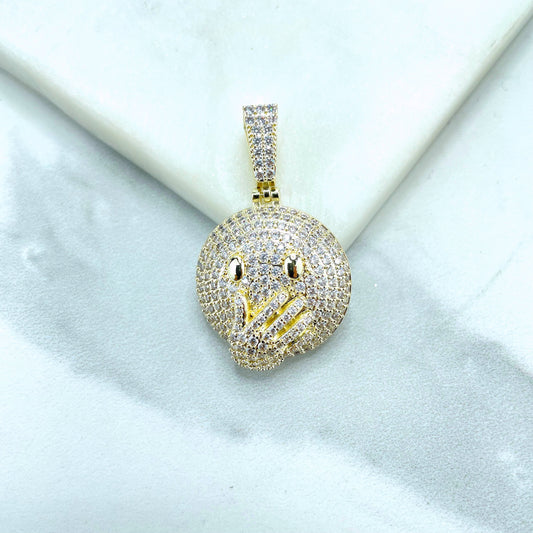 18k Gold Filled Micro CZ Emoji Face Symbol, Face with Open Eyes and Hand Over Mouth, Shock or Surprise, Wholesale Jewelry Making Supplies