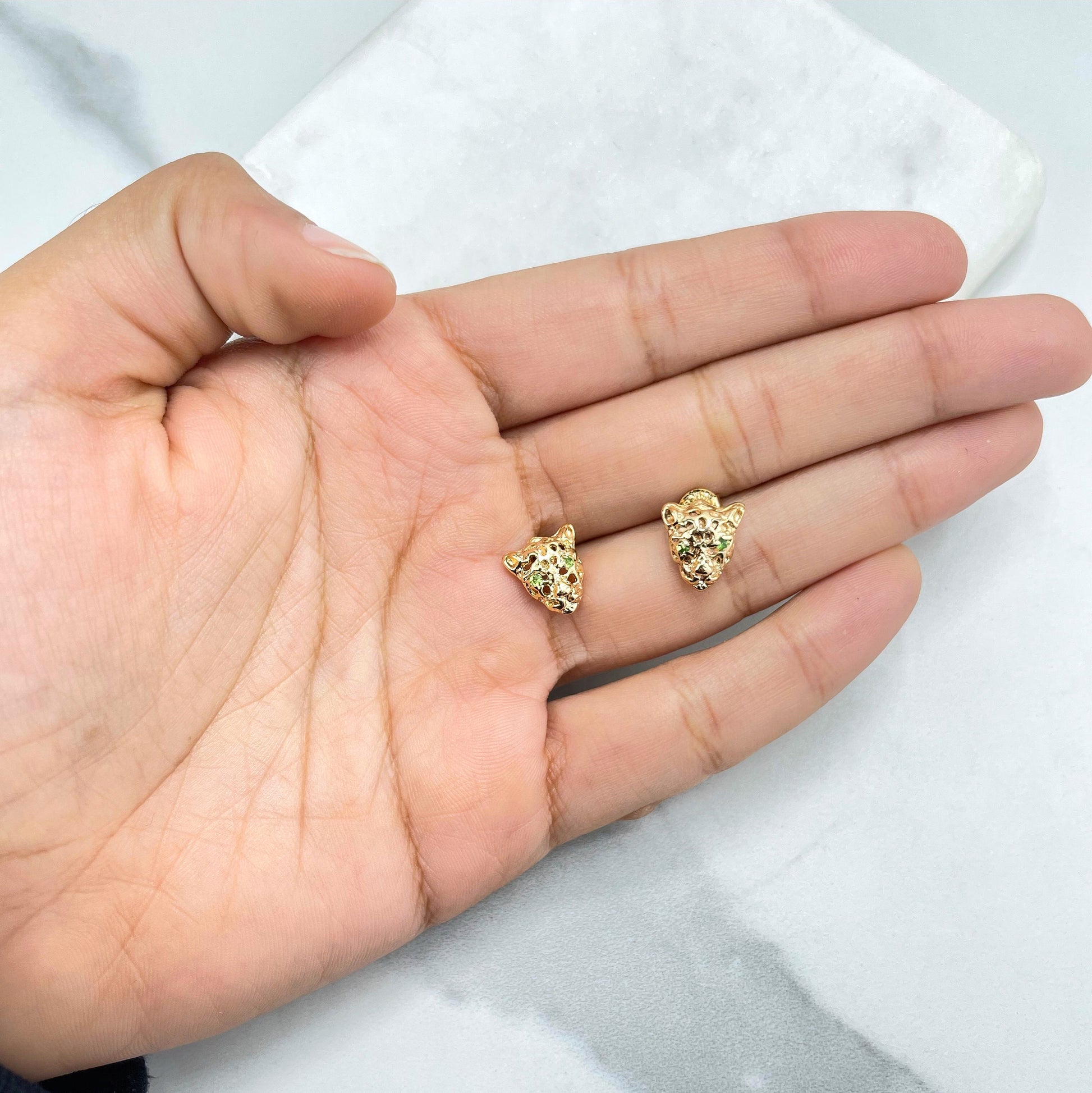 18k Gold Filled Clear Micro Cubic Zirconia Tiger Panther Shape Design with Green CZ Eyes Stud Earrings, Wholesale Jewelry Making Supplies