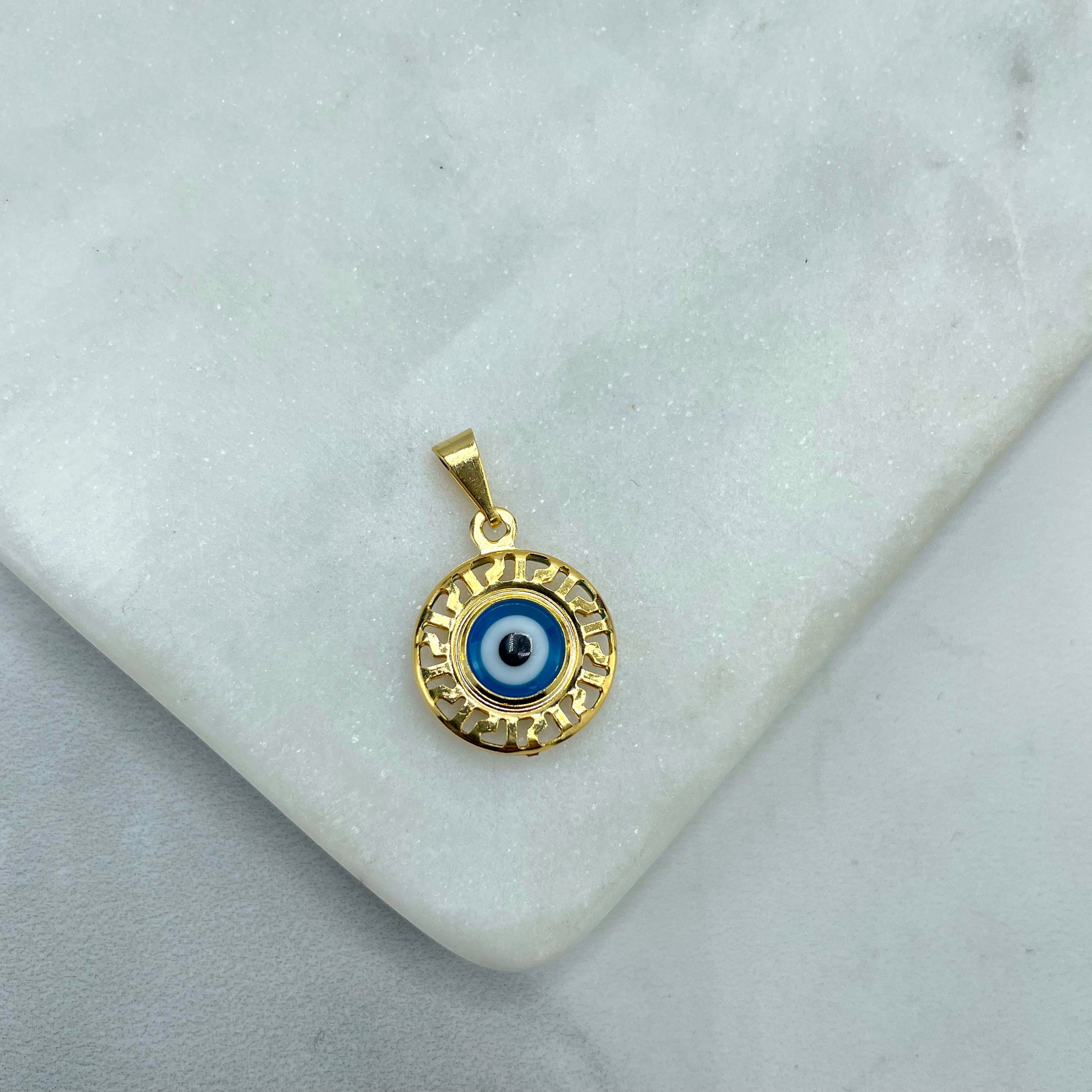 18k Gold Filled Blue Enamel Evil Eye, Greek Eye with Ethnic Details Circle Charm Pendant, Luck & Protection Coin Amulet, Wholesale Jewelry