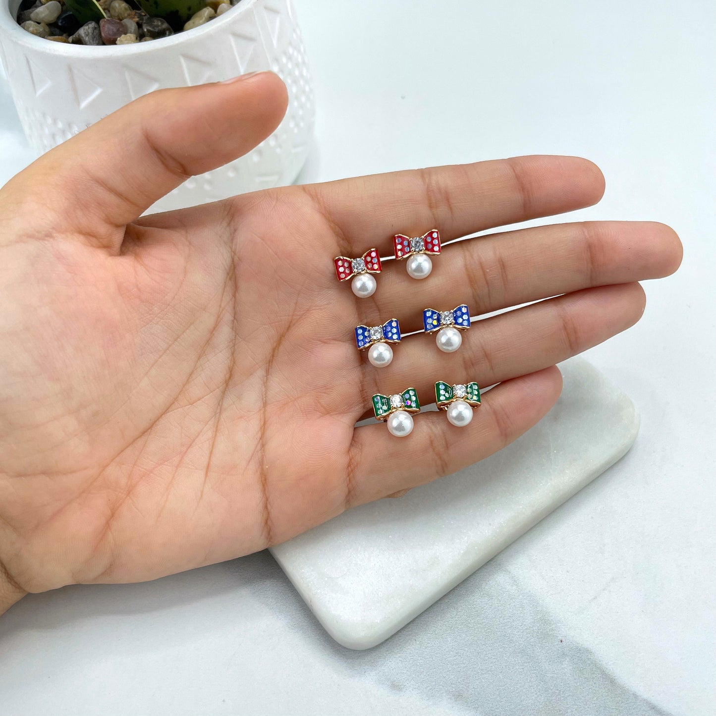18k Gold Filled Enamel Red, Blue or Green Bow with Pearl & CZ Details Stud Earrings, Romantic Deliciated Vintage Inspo, Wholesale Jewelry