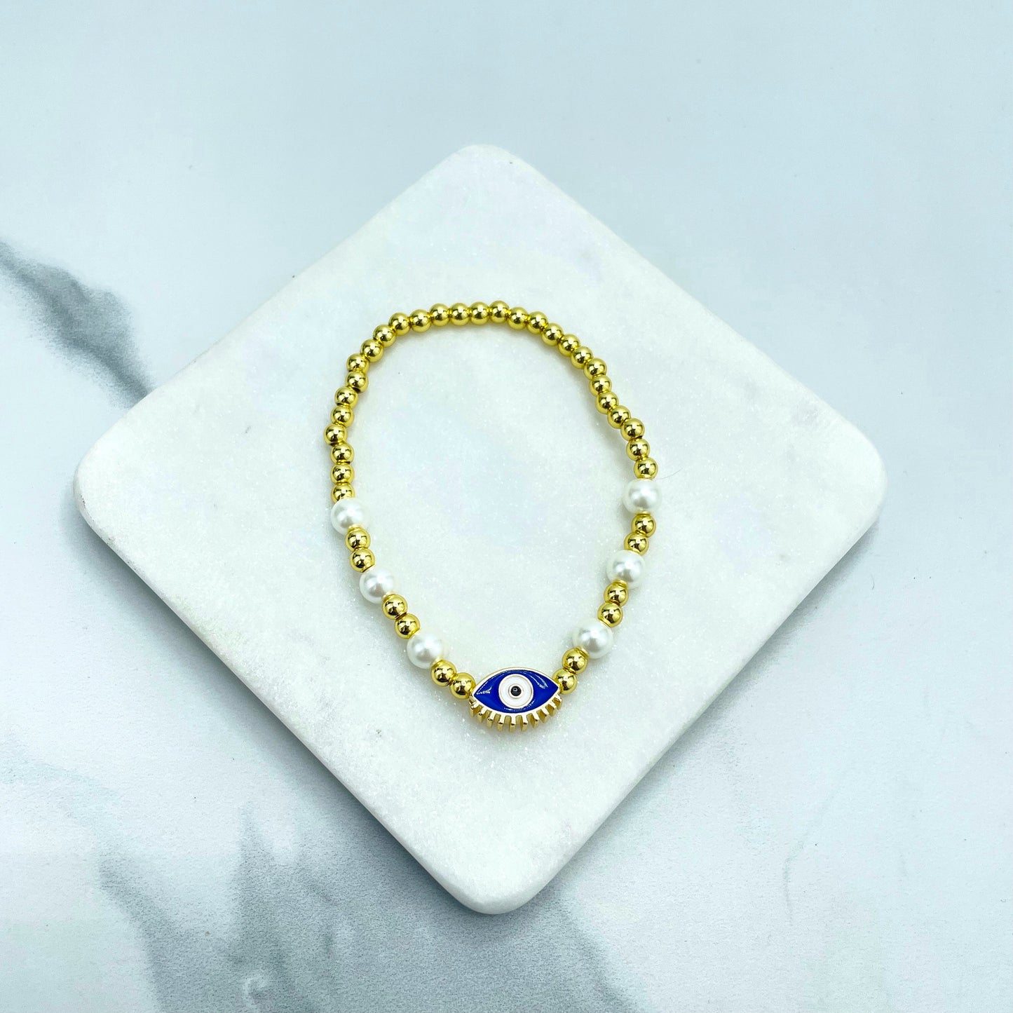 18k Gold Filled Simulated Pearl and Gold Beads Bracelet with Enamel Colored Evil Eye Shape Charm Wholesale Jewelry Making Supplies