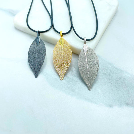 18k Gold Filled, Silver or Black Small Pendant Hand Made with Real Leaf & Black Cord Chain Necklace, Wholesale Jewelry Making Supplies