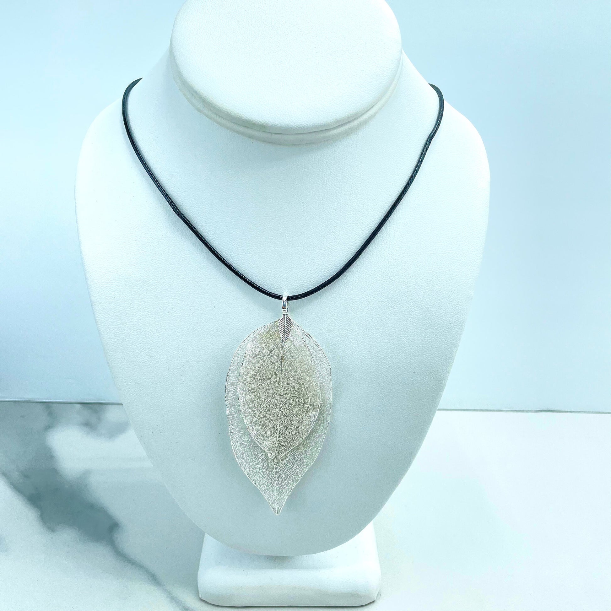 18k Rose Gold Filled or Silver Filled Double Layered Large Pendant Hand Made with Real Leaf & Black Cord Chain Necklace, Wholesale Jewelry