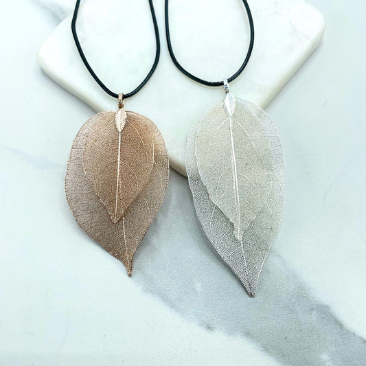 18k Rose Gold Filled or Silver Filled Double Layered Large Pendant Hand Made with Real Leaf & Black Cord Chain Necklace, Wholesale Jewelry