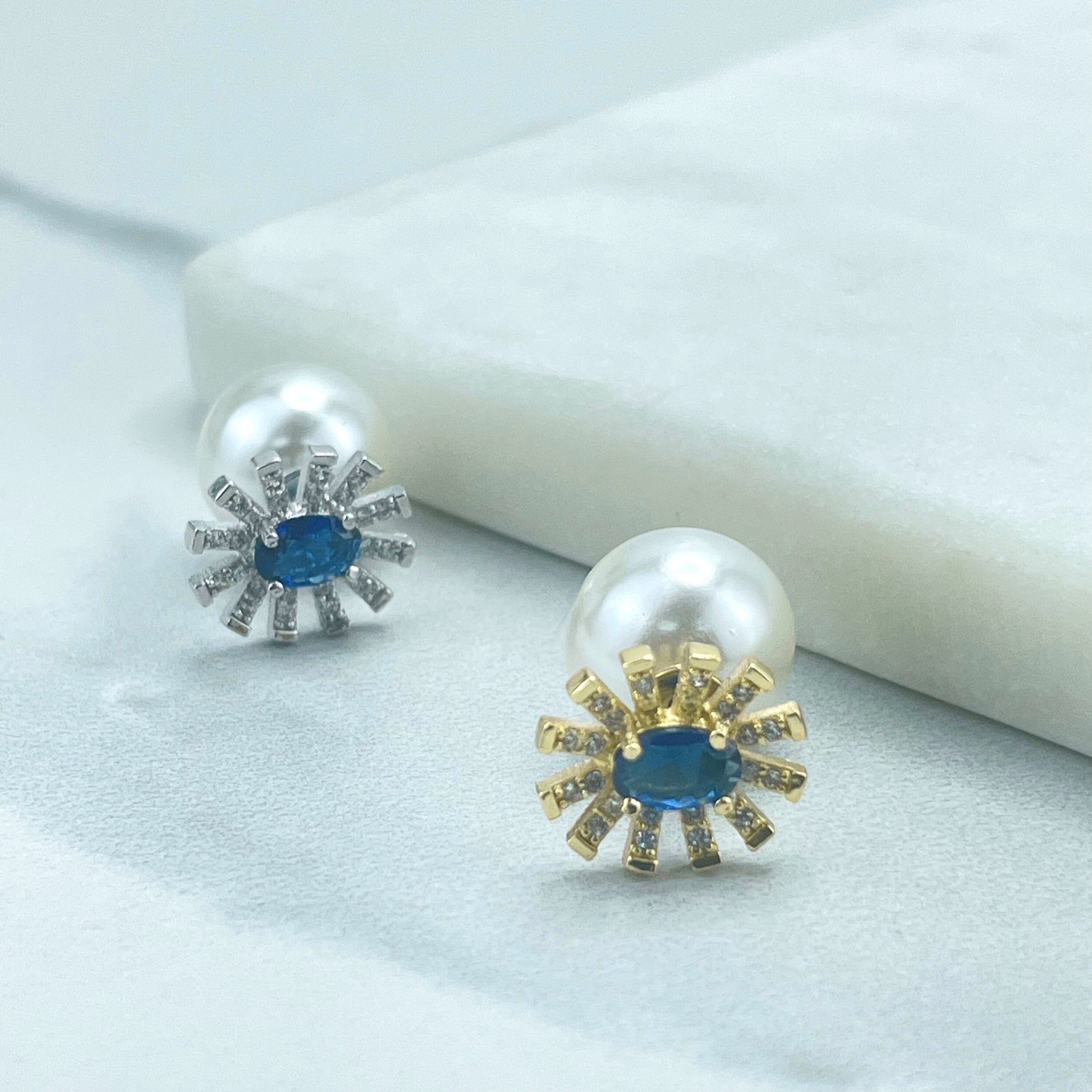 18k Gold Filled or Silver Filled, CZ Flower Design with Simulated Pearl Closure, Front Back Stud Earrings, Double Sided Wholesale Jewelry