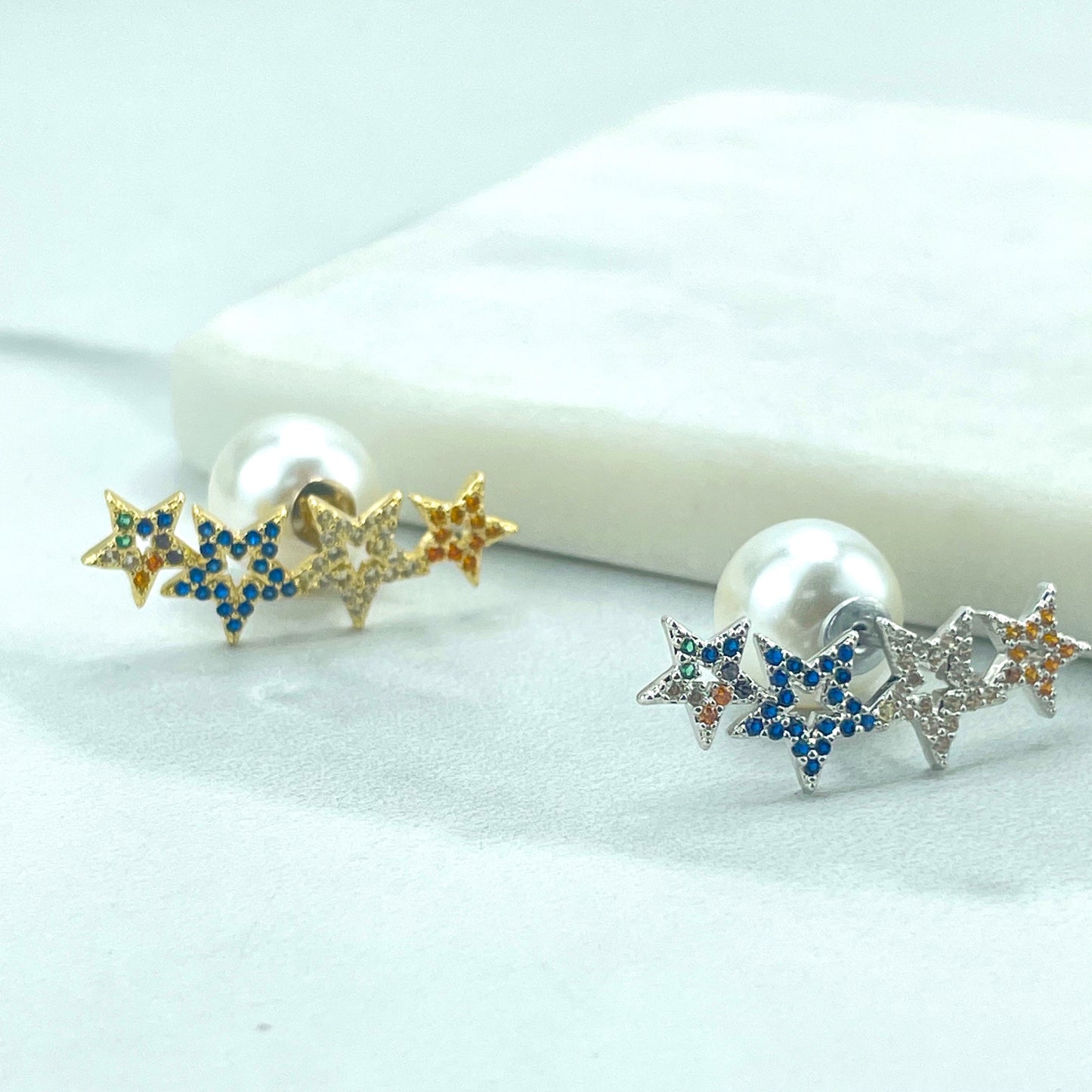 18k Gold Filled or Silver Filled, Colored CZ Stars Ear Climber Design, Ear Jacket, Front Back Stud Earrings, Double Sided Wholesale Jewelry