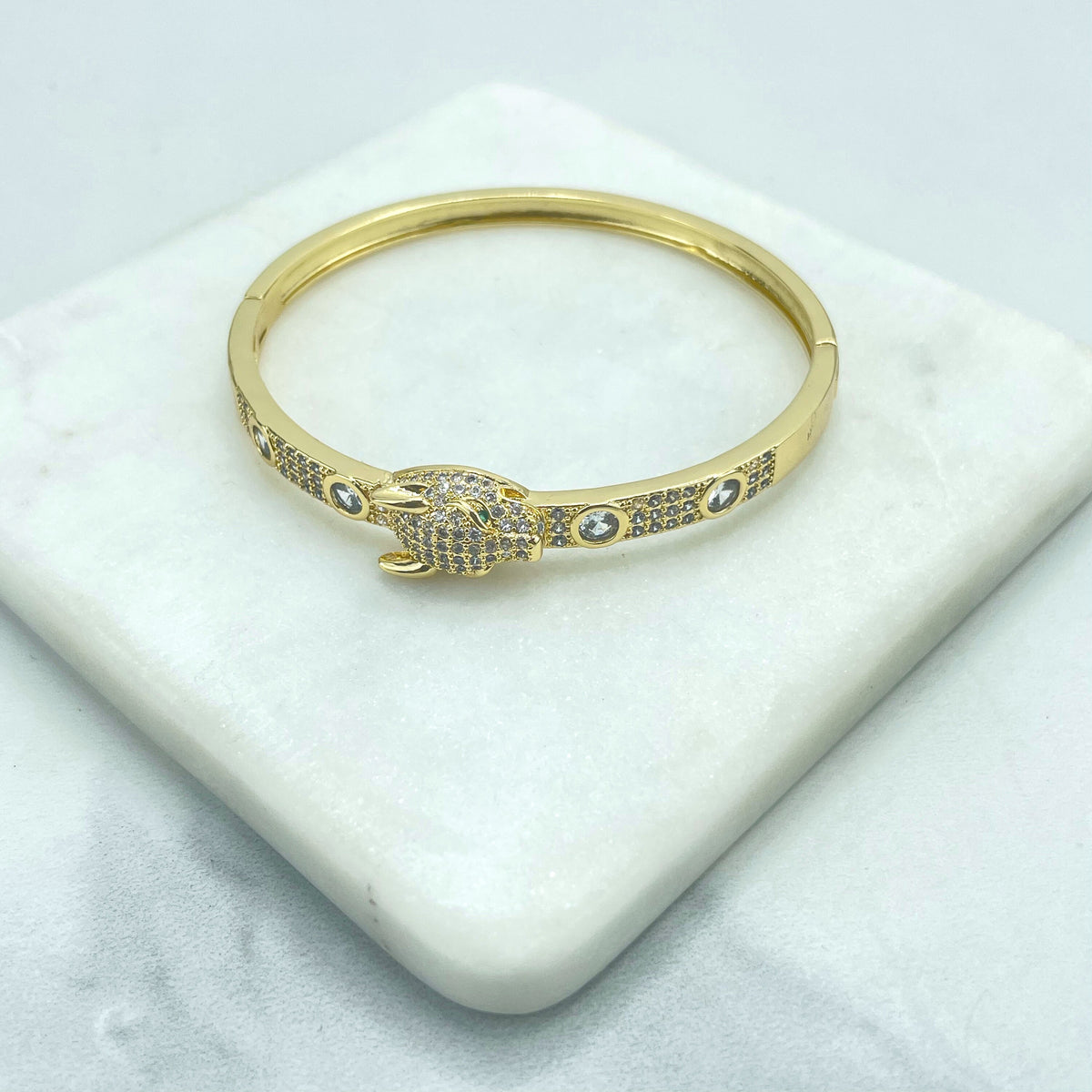 Silver Filled or 18k Gold Filled Clear Cubic Zirconia Panther Tiger Head & CZ Green Eyes Bangle Bracelet, Wholesale Jewelry Making Supplies