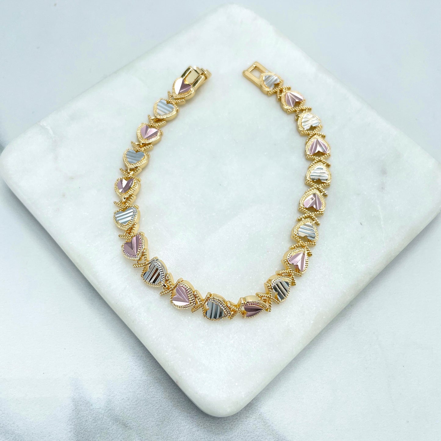 18k Gold Filled Tri-Tone XoXo Hearts Shape Linked Chain Bracelet, Wholesale Jewelry Making Supplies