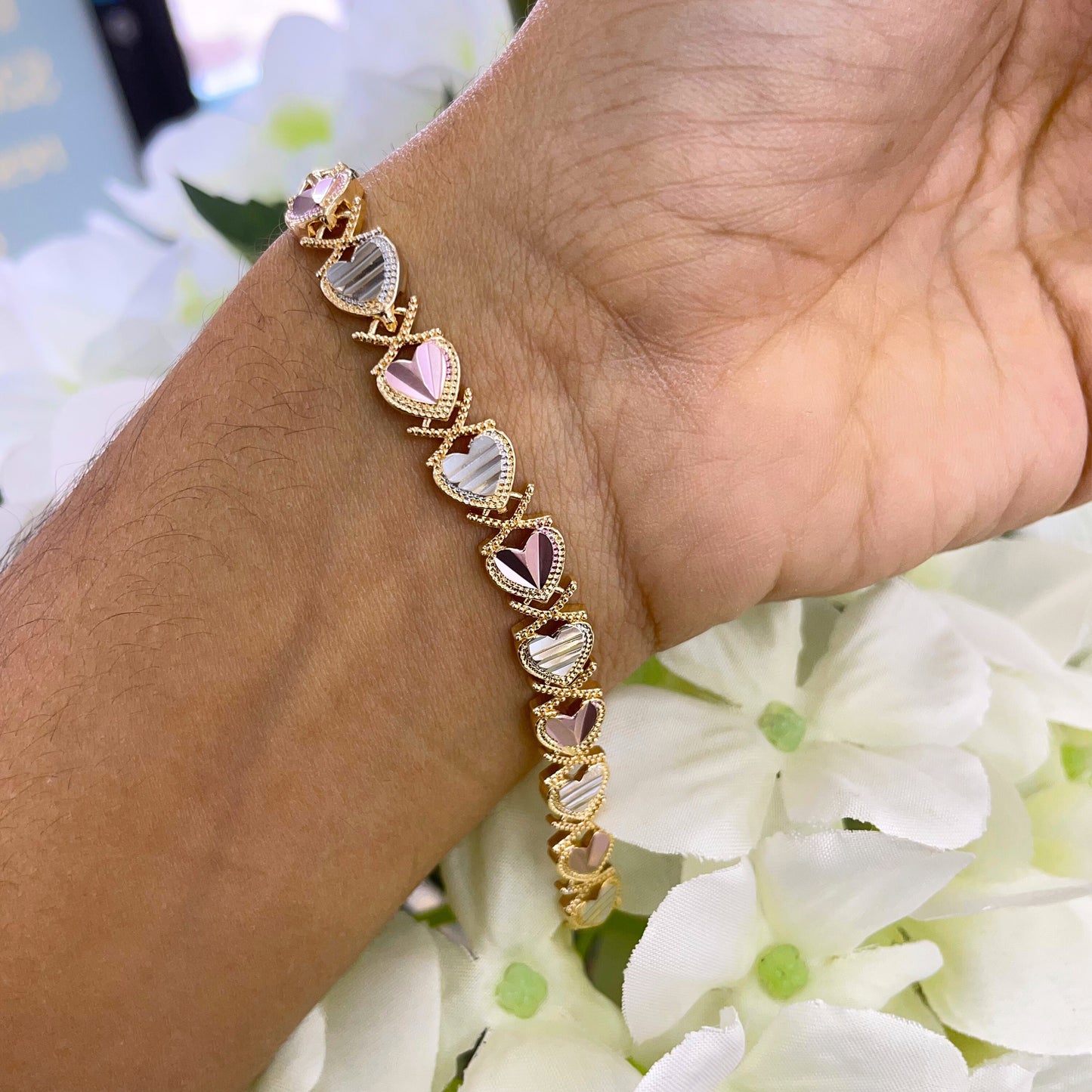 18k Gold Filled Tri-Tone XoXo Hearts Shape Linked Chain Bracelet, Wholesale Jewelry Making Supplies