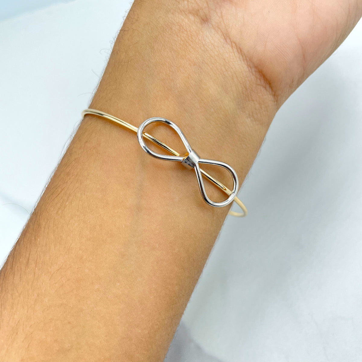 18k Gold Filled Two-Tones Cuff Bangle Bracelet with Bow Charm and Extension, Romantic Delicate Bracelet, Wholesale Jewelry Making Supplies
