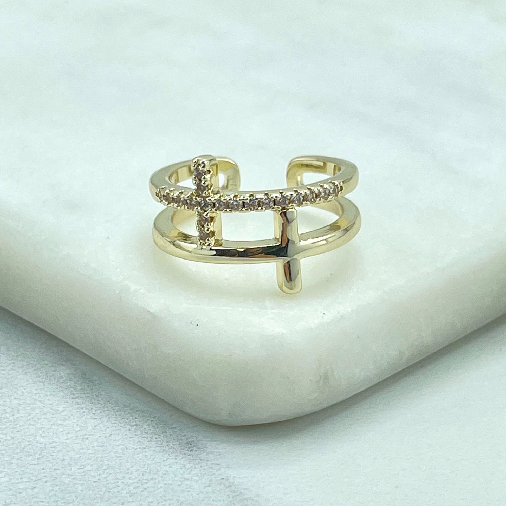 18k Gold Filled Clear Cubic Zirconia Cross & Plain Cross Ring, Double Cutout Cross Adjustable Ring, Wholesale Jewelry Making Supplies