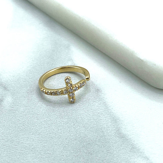 18k Gold Filled Front Clear Cubic Zirconia Cross Shape Adjustable Ring, Fashion Religious, Wholesale Jewelry Making Supplies