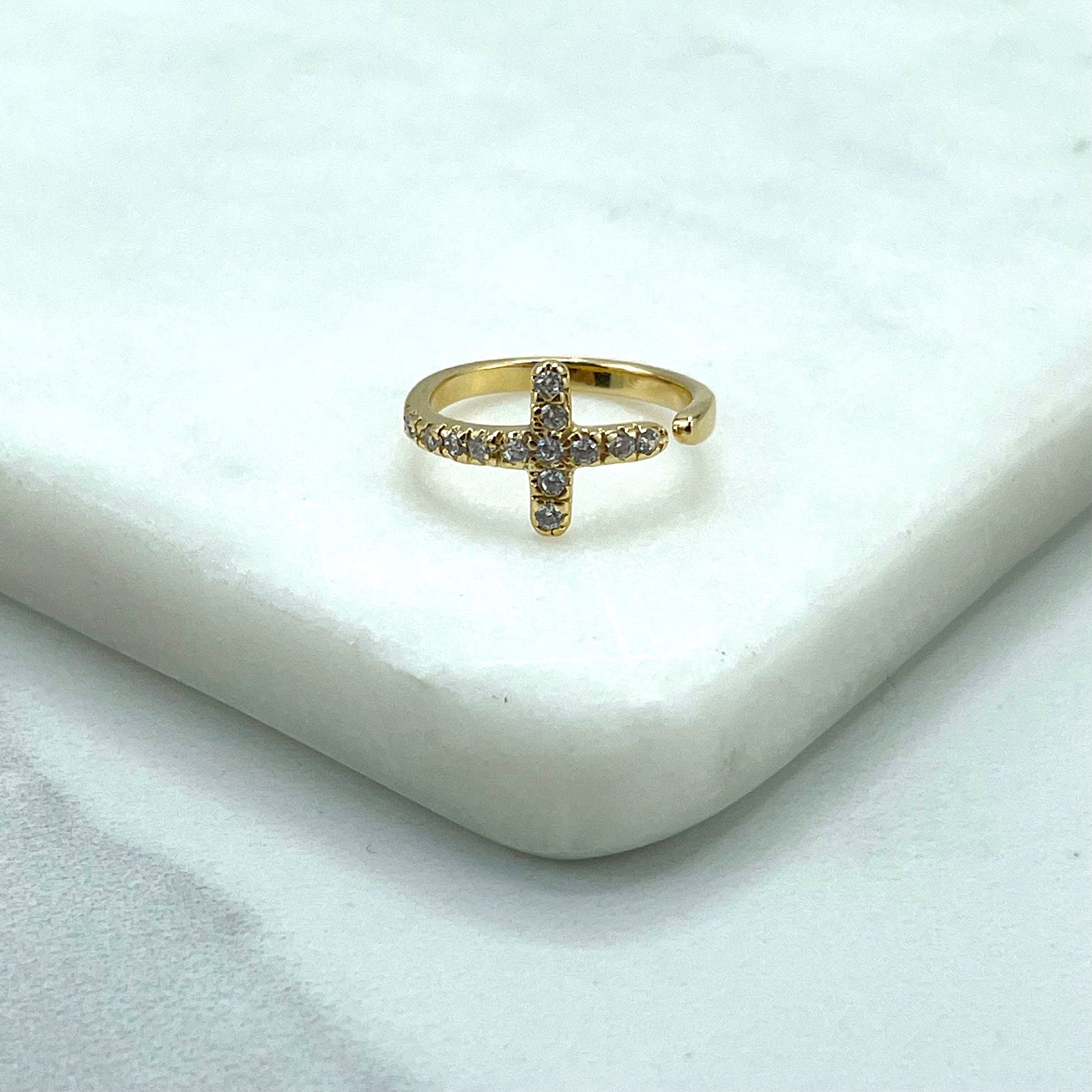 18k Gold Filled Front Clear Cubic Zirconia Cross Shape Adjustable Ring, Fashion Religious, Wholesale Jewelry Making Supplies
