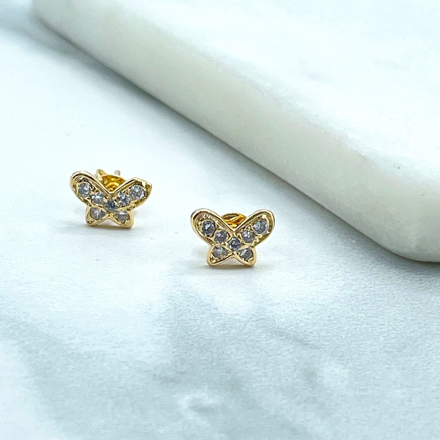 18k Gold Filled Clear Cubic Zirconia Pettie Small Butterfly Shape Stud Earrings, Delicate Vintage Romantic Earrings, Wholesale Jewelry