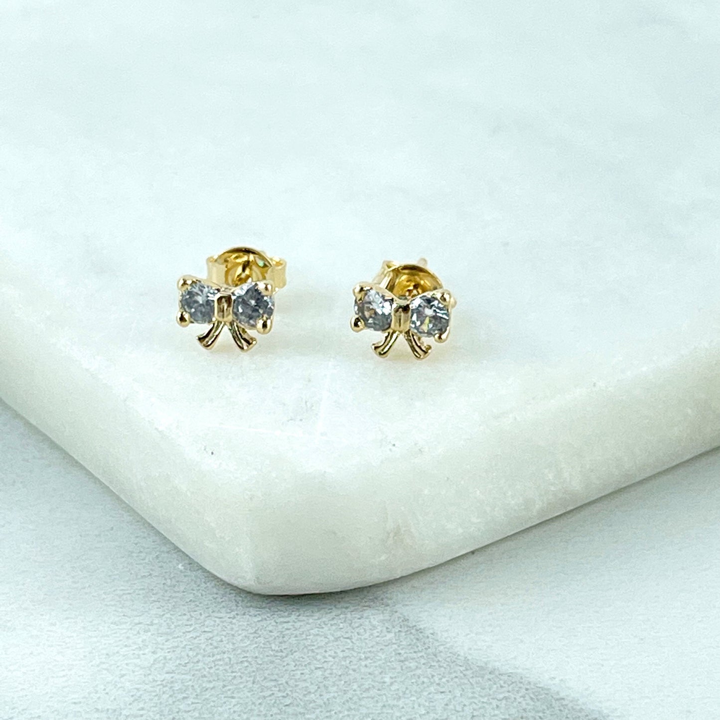 18k Gold Filled Clear Cubic Zirconia Pettie Small Bow Shape Stud Earrings, Delicate Vintage Romantic Earrings, Wholesale Jewelry