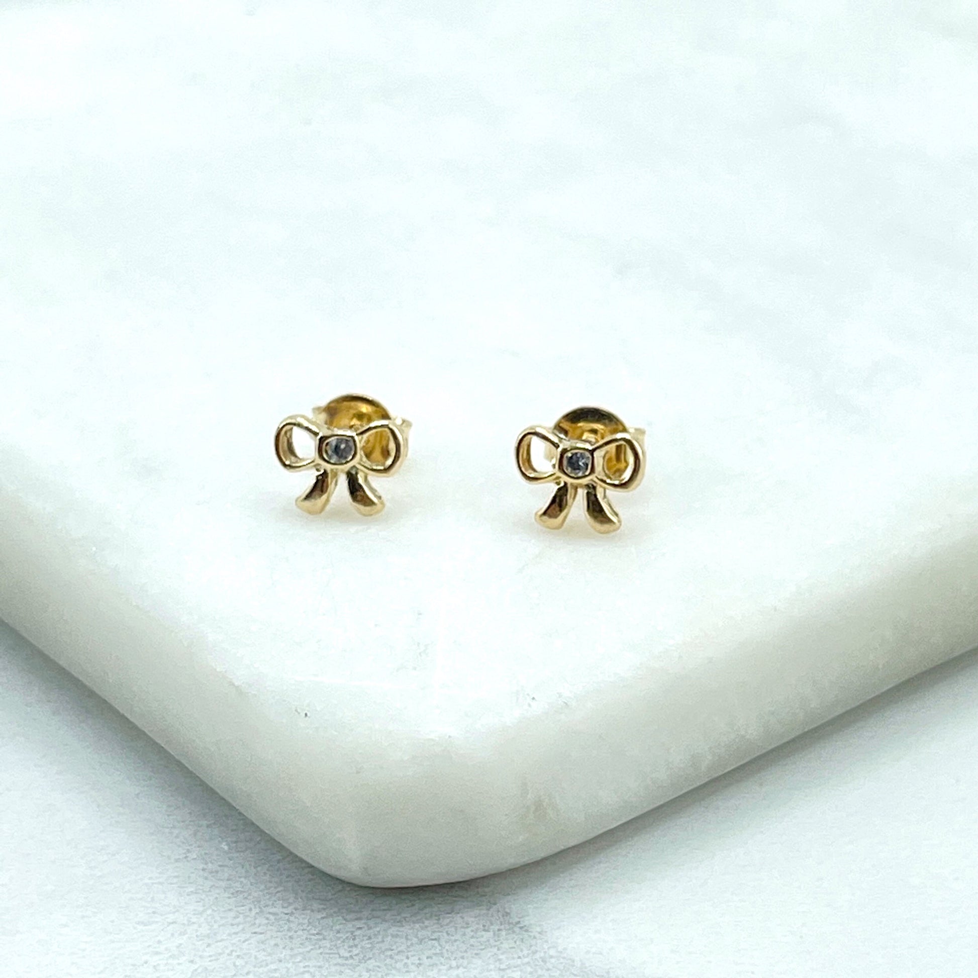 18k Gold Filled Clear Cubic Zirconia Pettie Small Bow Shape Stud Earrings, Delicate Vintage Romantic Earrings, Wholesale Jewelry
