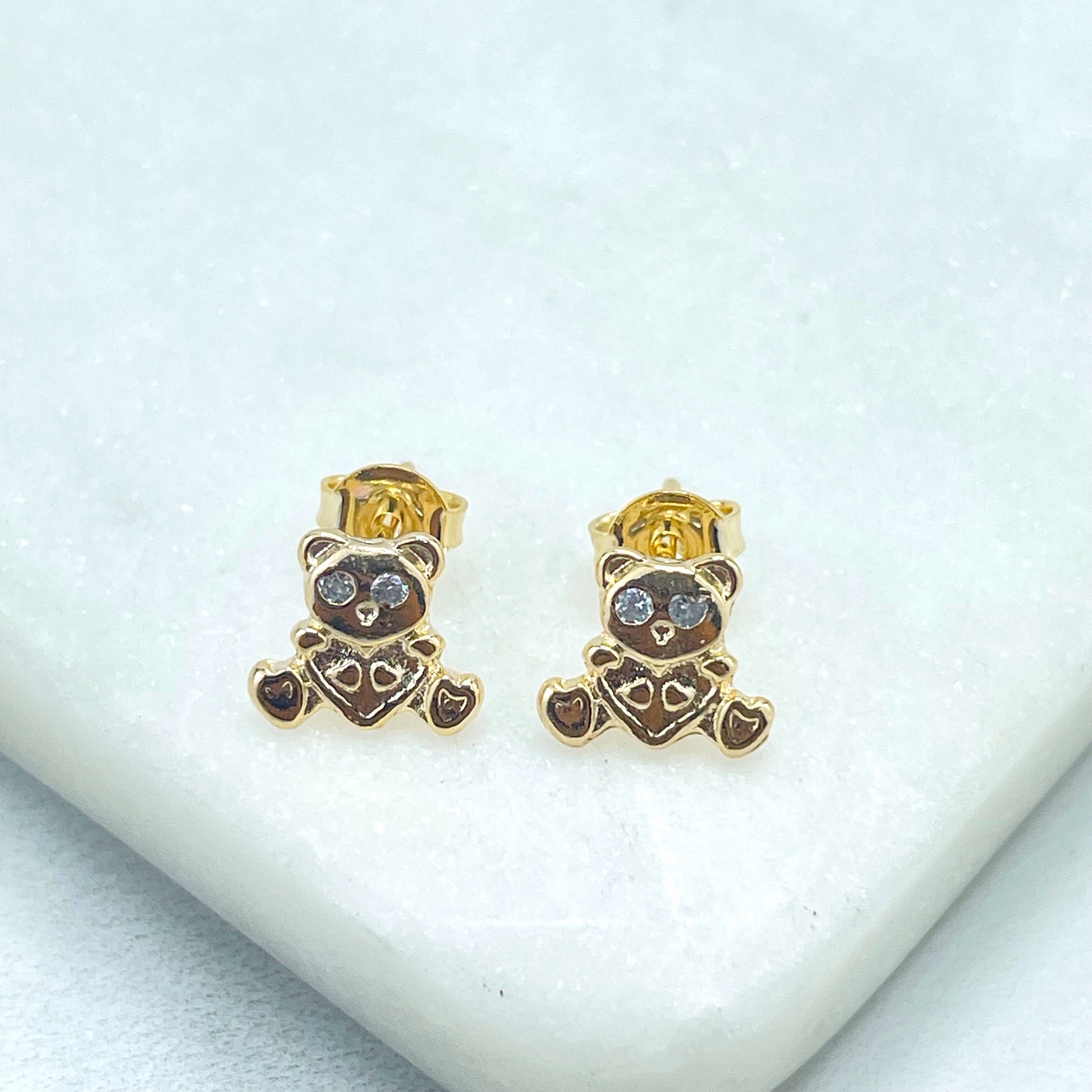 18k Gold Filled Clear Cubic Zirconia Pettie Ted Bear Shape Design Stud Earrings, Kids Earrings, Wholesale Jewelry Making Supplies