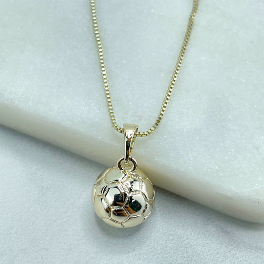 18k Gold Filled 1mm Box Chain Necklace with 3D Soccer Ball Football Pendant Charm, Sports Pendants, Wholesale Jewelry Making Supplies