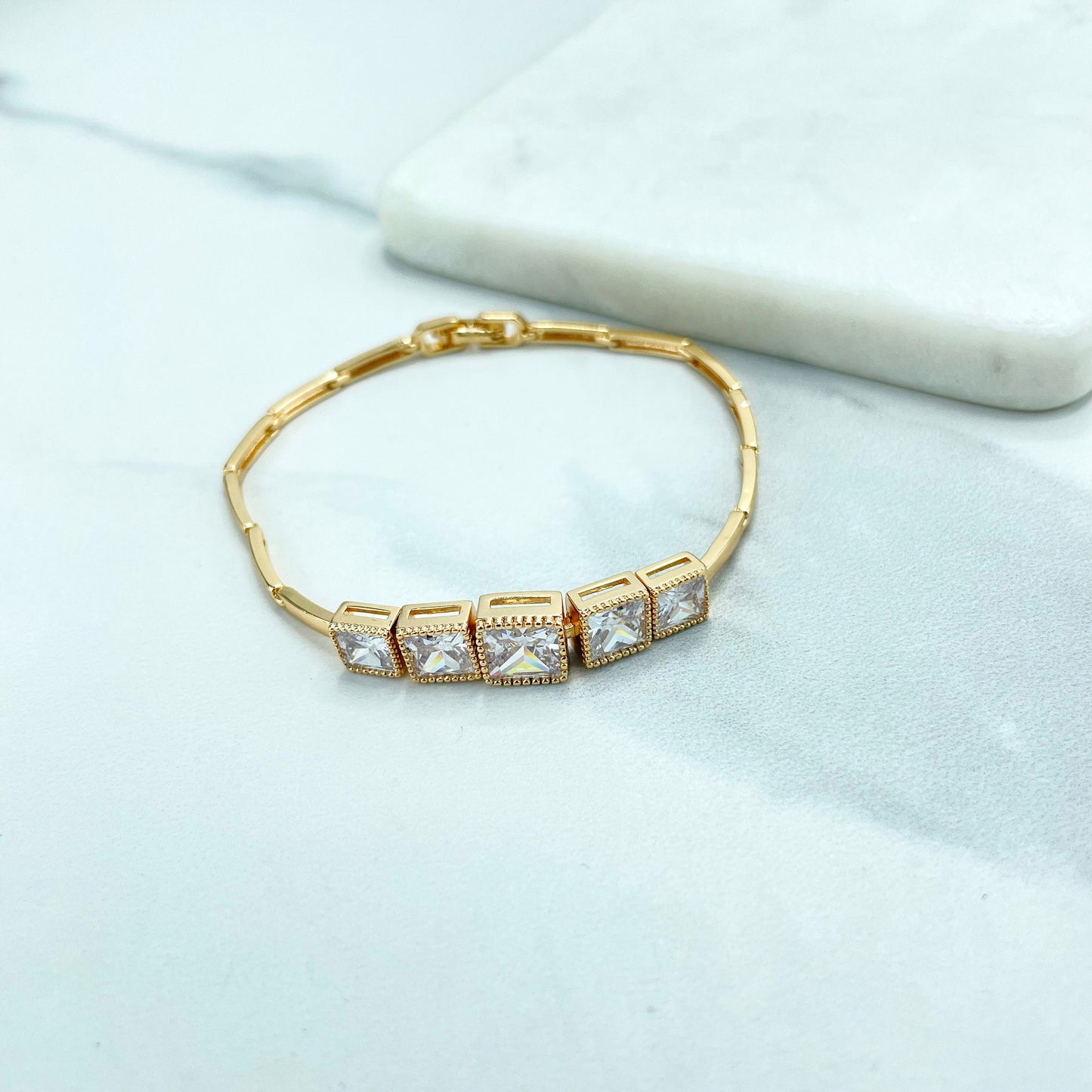 18k Gold Filled Five Zirconias Linked Bracelet, Wholesale Jewelry Making Supplies
