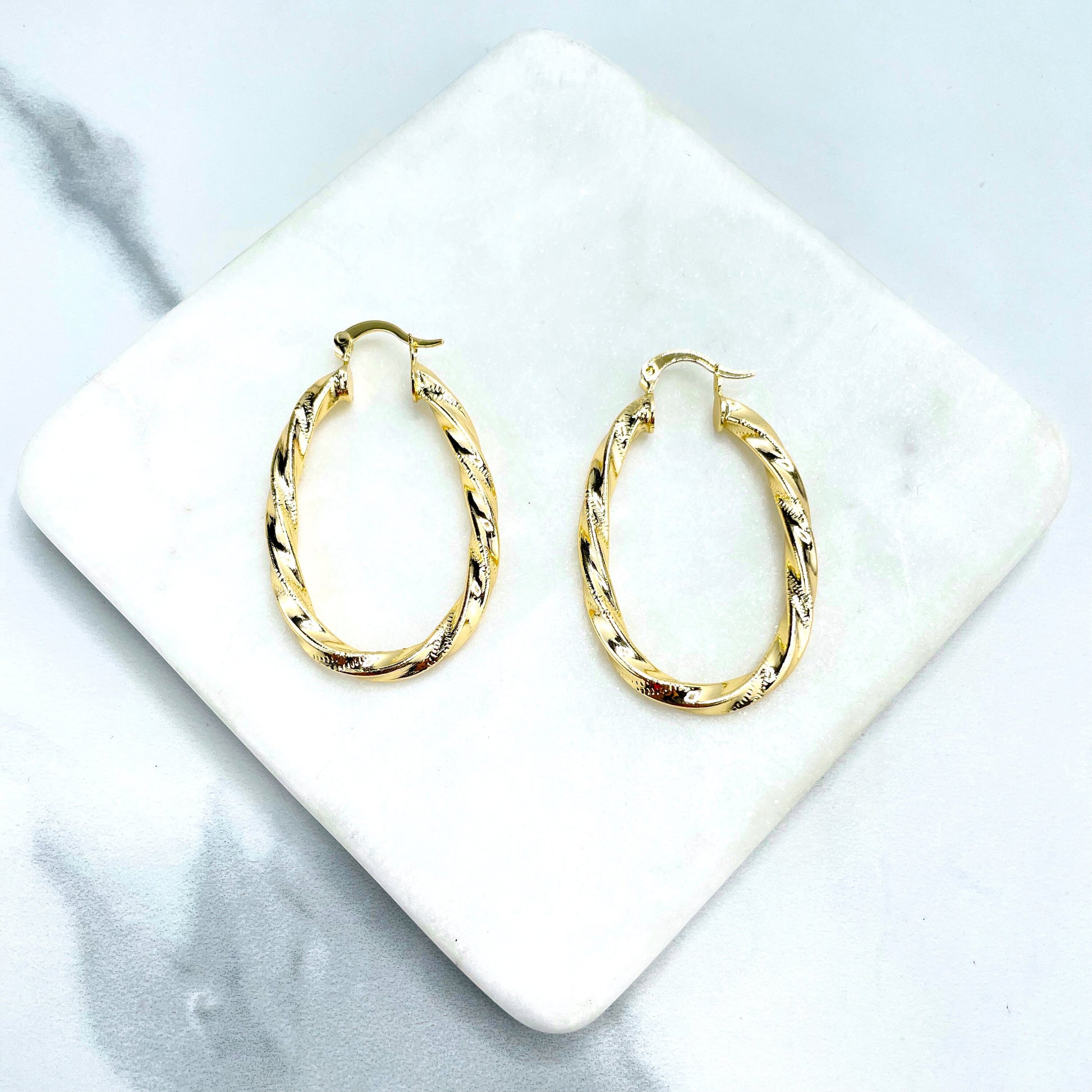 18k Gold Filled 28mm Twisted & Texturized Oval Design Hoops Earrings, Wholesale Jewelry Making Supplies