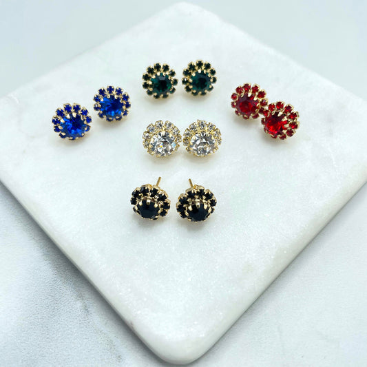 18k Gold Filled Cubic Zirconia Red, Blue, Clear, Green or Black Classic Stud Earrings, Wholesale Jewelry Making Supplies