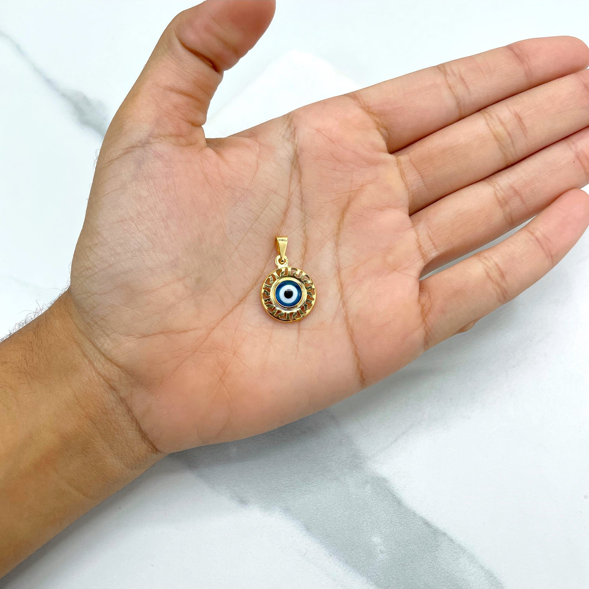 18k Gold Filled Blue Enamel Evil Eye, Greek Eye with Ethnic Details Circle Charm Pendant, Luck & Protection Coin Amulet, Wholesale Jewelry