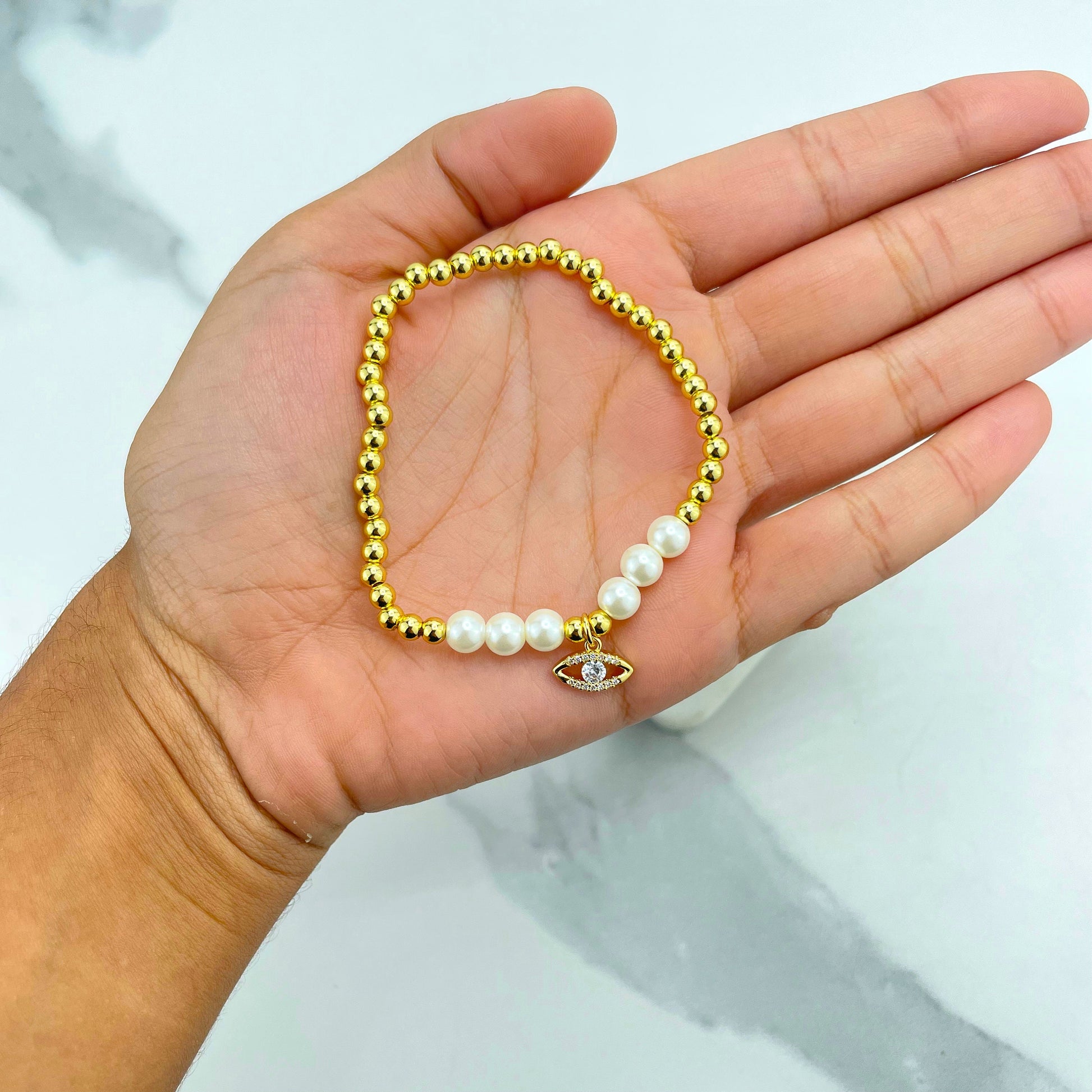 18k Gold Filled Simulated Pearl and Gold Beads with "Fé" (Faith in Portuguese) Charms Bracelet, Wholesale Jewelry Making Supplies