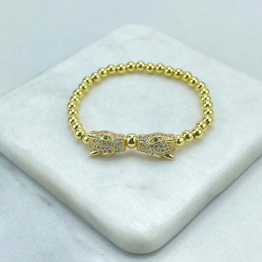 18k Gold Filled Beaded Bracelet Micro CZ Two Heads Panther Tiger Charm Bracelet, Wholesale Jewelry Making Supplies