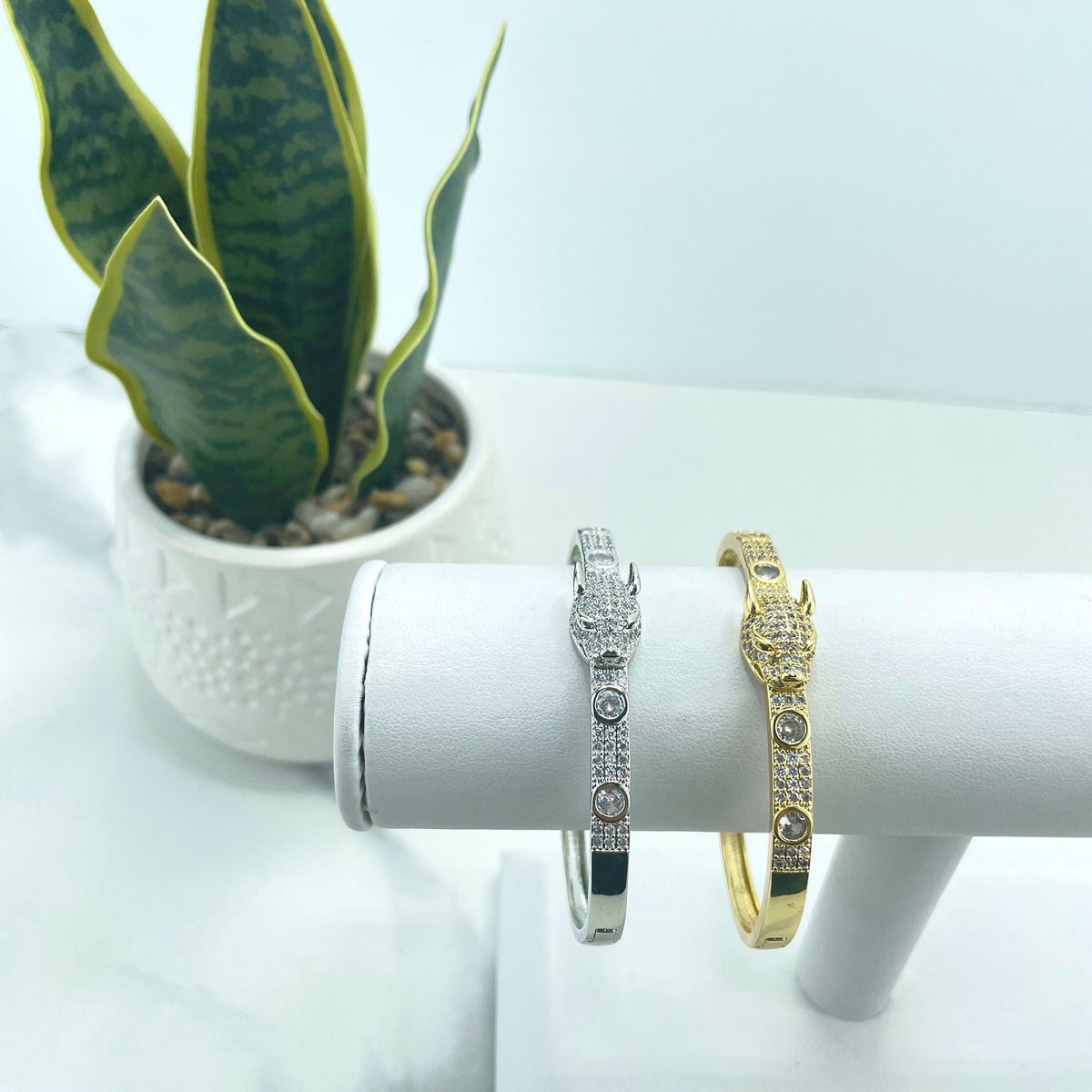 Silver Filled or 18k Gold Filled Clear Cubic Zirconia Panther Tiger Head & CZ Green Eyes Bangle Bracelet, Wholesale Jewelry Making Supplies