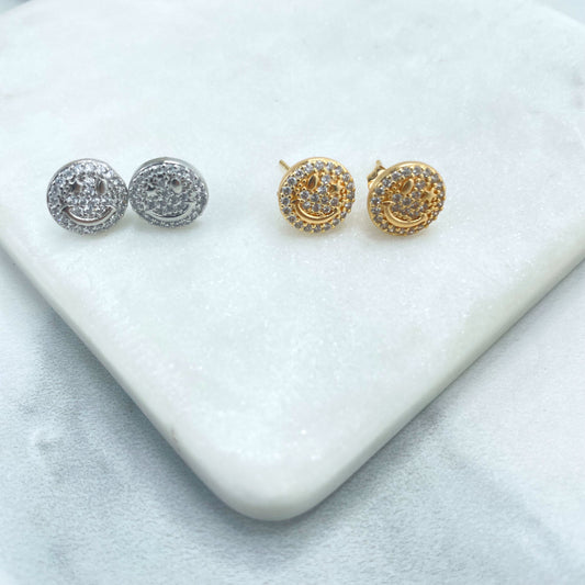 Silver Filled or 18k Gold Filled Micro Cubic Zirconia Smile Emoji, Happy Face Gold Stud Earrings, Wholesale Jewelry Making Supplies